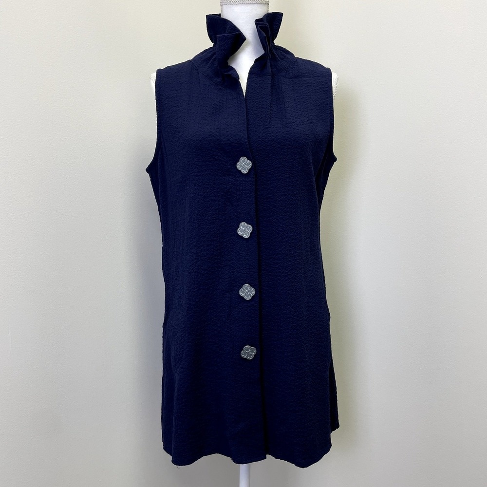 Soft Surroundings Navy Blue Crinkle Ruffle Collar Tunic Vest Small Quatrefoil
